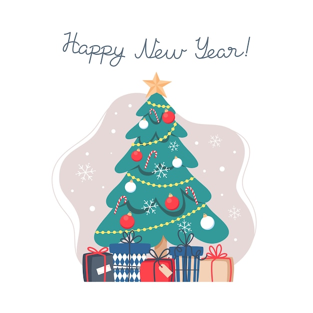 Christmas tree with gifts, Happy New Year, template for a holiday card