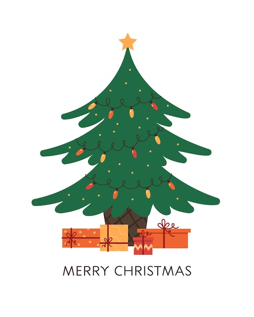 Christmas tree with gifts Merry christmas lettering Flat illustration for postcard banner web