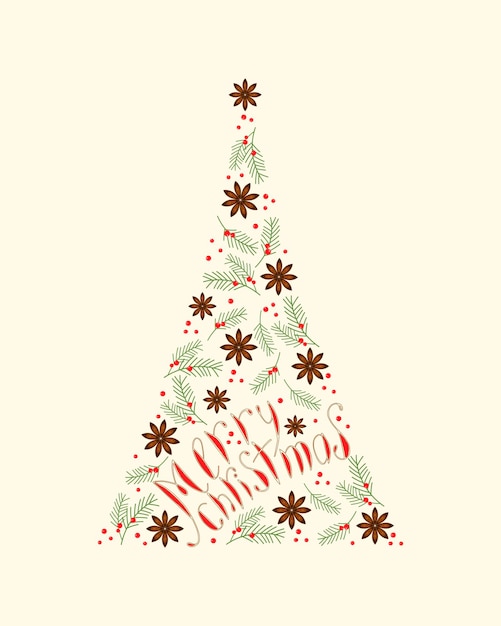 Christmas tree with Merry Christmas lettering, hand lettering, star anise fir coniferous branch