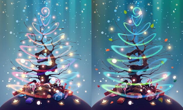 Vector christmas tree with shining garland, glowing lights, presents and candies