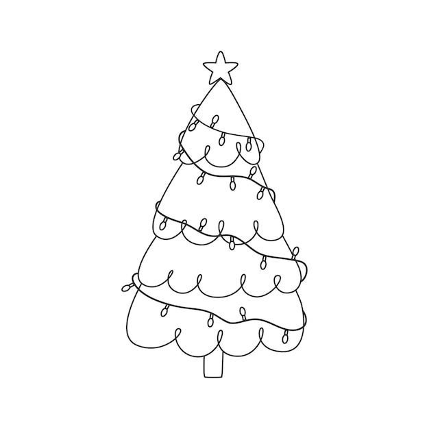 Christmas tree with a star and lights Contour vector illustration