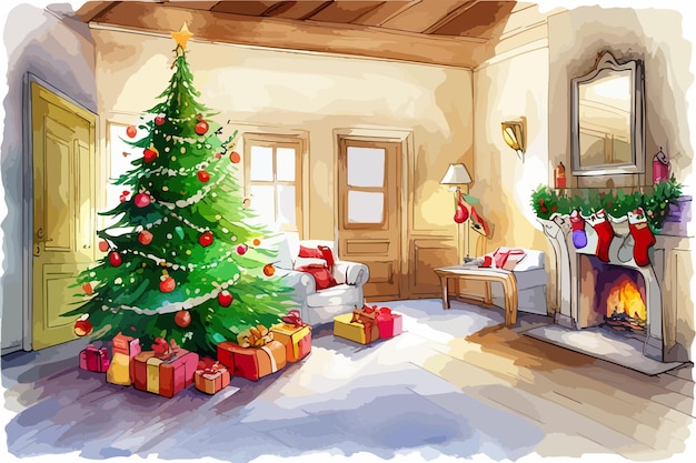 Christmas tree with toys and gifts decorate interior empty stucco wall mock up watercolor vector