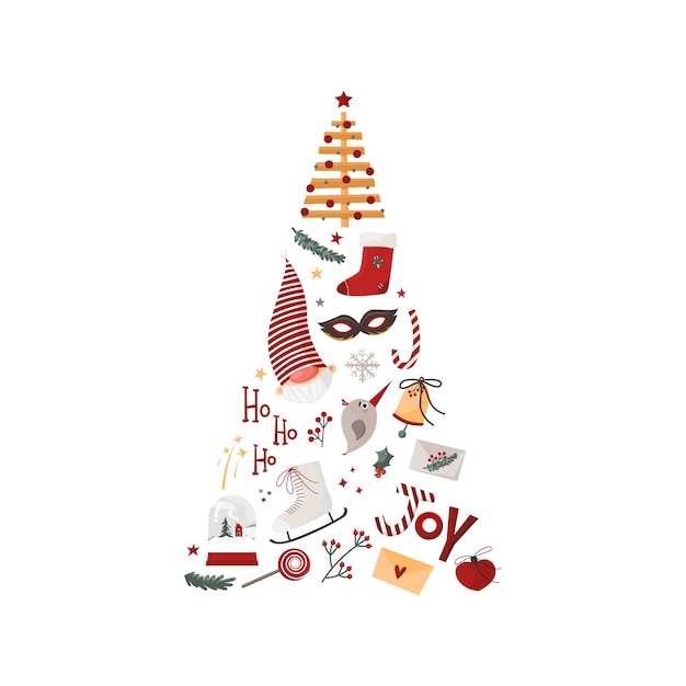 Christmas tree with toys and new year elements in the shape of a triangle