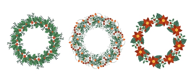 Christmas Tree Wreaths Isolated Design Elements Festive Winter Decoration of Plants Fir or Pine Branches Leaves