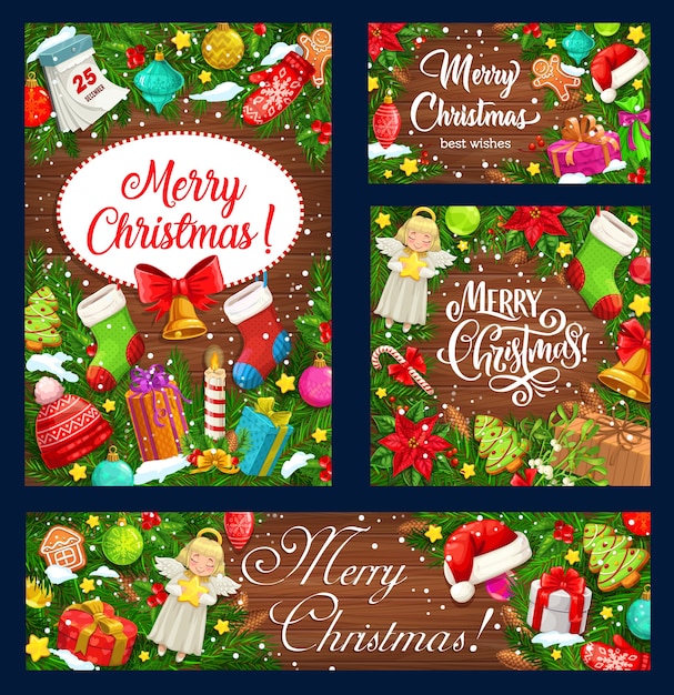 Christmas tree wreaths with Xmas gifts on wooden background, winter holidays design. Xmas bells, present boxes and snow, Santa hat, stars and bells, holly tree branches, socks and calendar