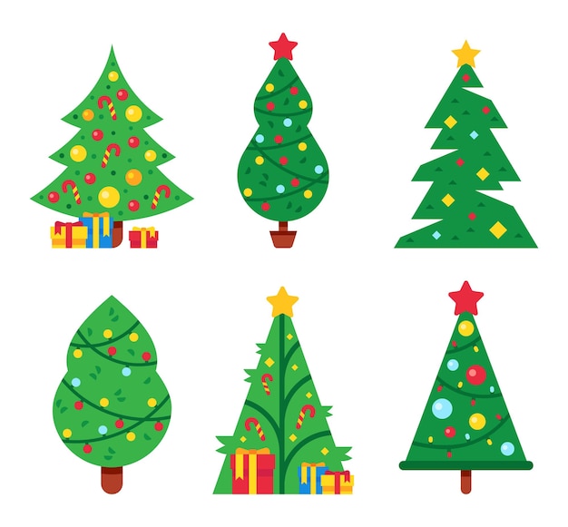 Christmas trees decorated with lights garlands and star on top Cartoon xmas and new year fir trees with gift boxes