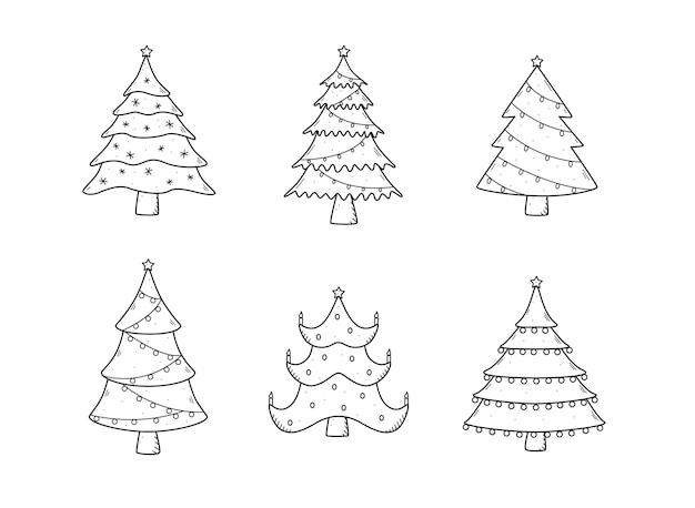 Christmas trees doodle set vector illustration of decorated Christmas trees