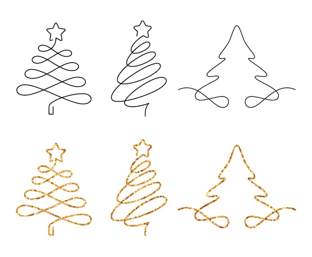 Christmas trees in one line drawing style set of fir trees with editable strokes and glitter effect