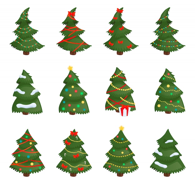 Christmas trees set isolated on white background.