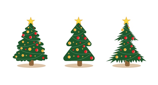 Christmas trees vector set in flat, cartoon design.