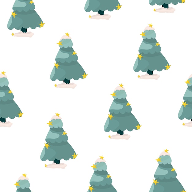 Christmas trees with snow and stars on white background Vector seamless pattern