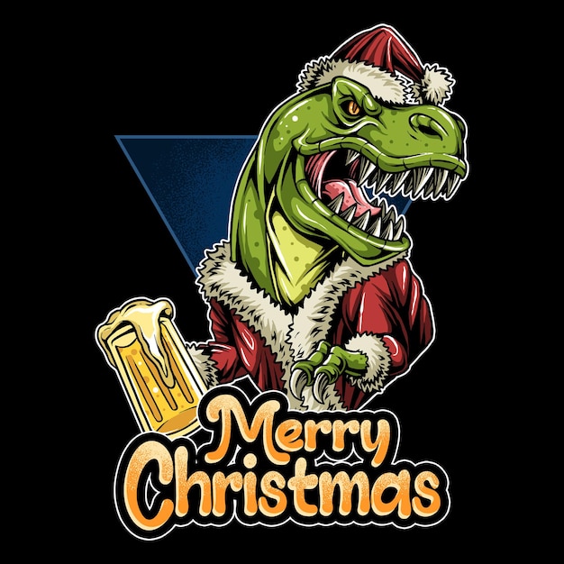 Christmas trex santa claus dinosaur bringing a glass of beer and partying