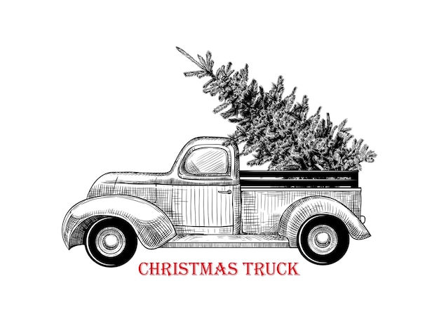 Christmas truck Vector vintage illustration of Christmas truck with Christmas tree