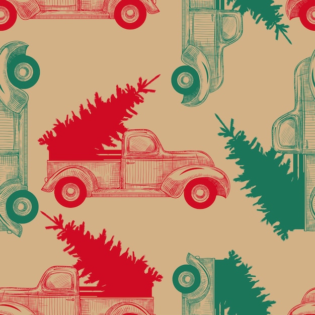 Christmas truck with Christmas tree on craft paper  Vintage seamless patternHand drawn vector