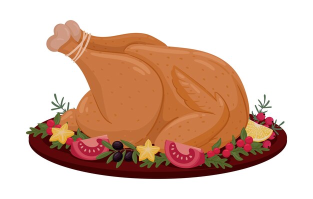 Vector christmas turkey holiday dinner dish food baked turkey or chicken with vegetable and rosemary flat vector illustration festive xmas food