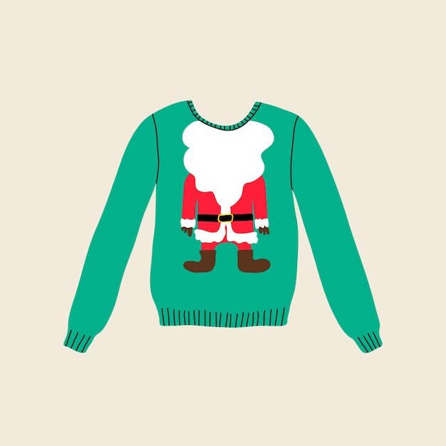 Christmas ugly green winter sweater in flat line trendy style Santa Claus red costume with beard