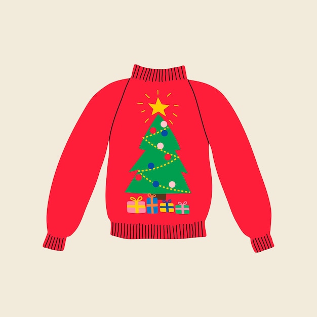 Vector christmas ugly red winter sweater in flat line trendy style green xmas tree red costume with gifts