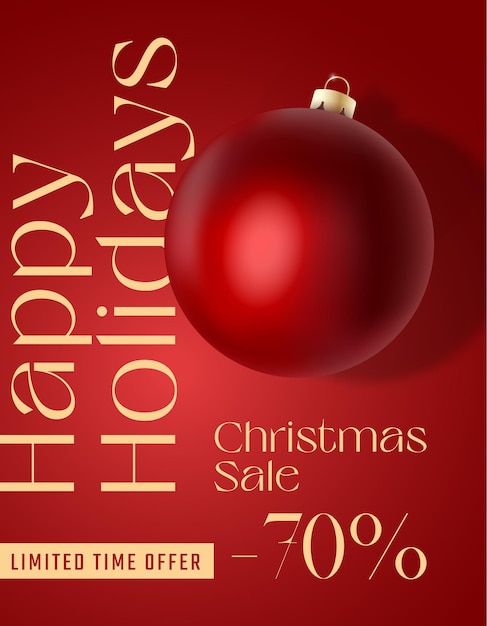 Christmas Vector Advertising Card or Poster Season Promo Background with Realistic Red Bauble and Sale Text Copy Space New Year Winter Holidays Discount Social Media Networks Decoration Template