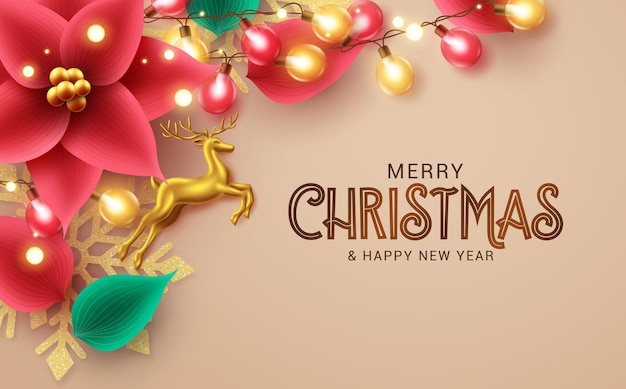 Christmas vector background design. Merry christmas greeting text with xmas poinsettia, colorful