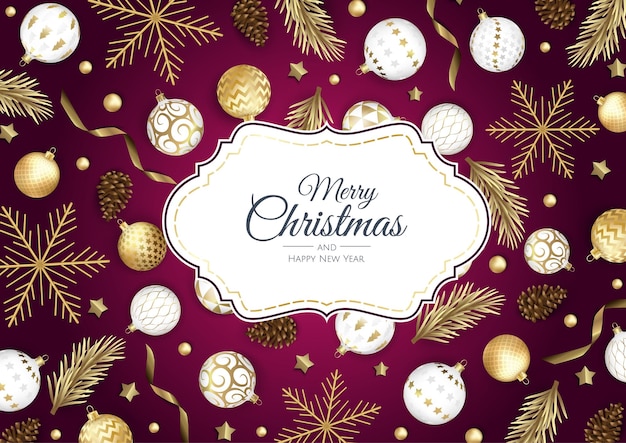 Christmas vector background Greeting card banner poster Top view xmas decoration balls and snowflakes