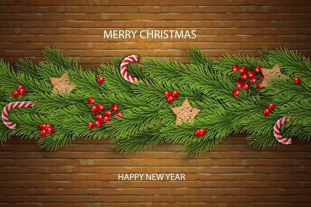 Christmas Vector on Brick Background With Wishes, Pine Branches, Berries.