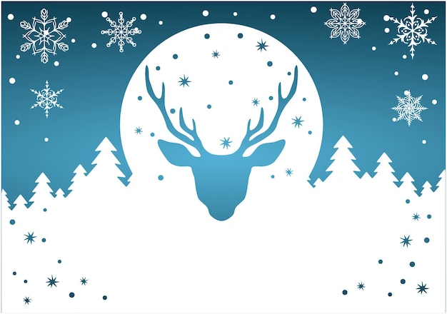 Christmas vector decorative illustration with trees snowflakes and a deer on blue background