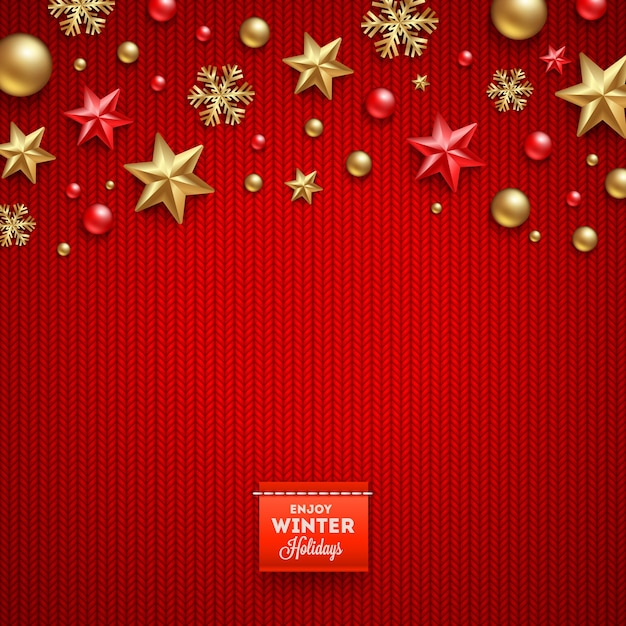 Christmas vector design - holidays decorations and label with greeting on a knitted red background.