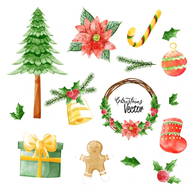 Christmas vector elements collection in watercolor paining style.