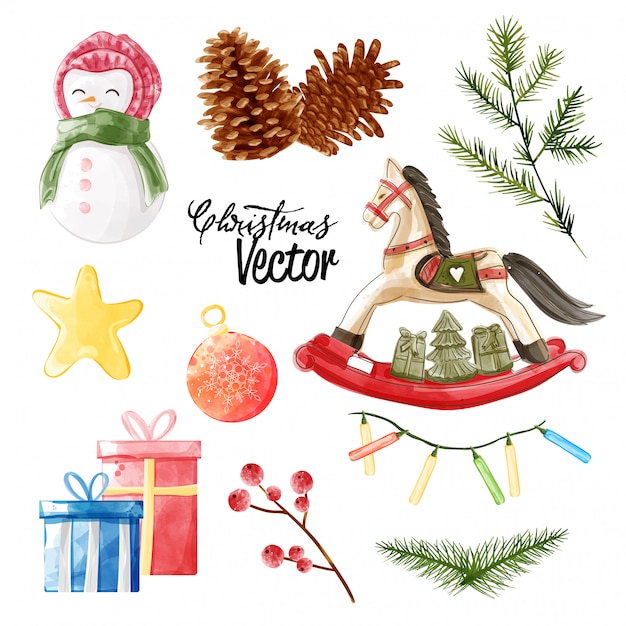 Christmas vector elements collection in watercolor paining style.