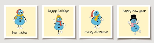 Vector christmas vector gift card or tag set cute cartoon christmas snowmen characters