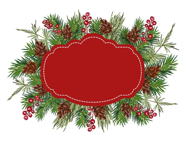 Christmas vector greeting card frame with place for your text. Realistic Looking Tree Branches Decorated with Berries and Cones