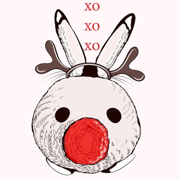 Christmas vector illustration with rabbit in deer horns funny cute animal