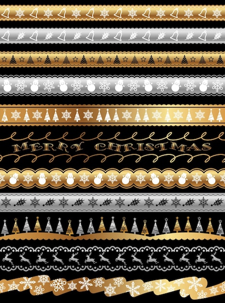 Christmas Vector Seamless Border Set Isolated On A Black Background. Horizontally Repeatable.