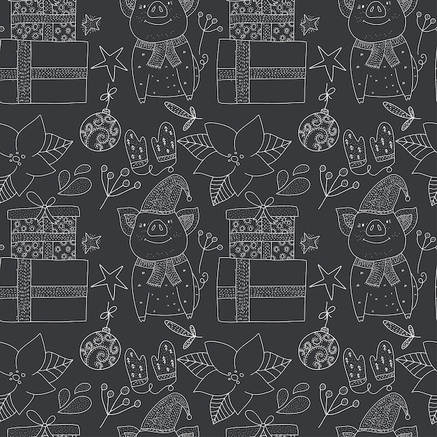 Christmas vector seamless pattern with detailed holiday illustrations