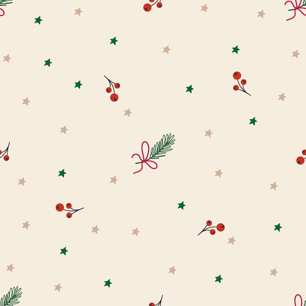 Christmas vector seamless pattern with fir branches and red berries on a light background