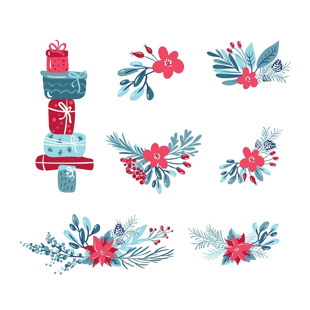 Christmas vector set of plants with flowers, spruce branches, leaves, gift boxes and berries