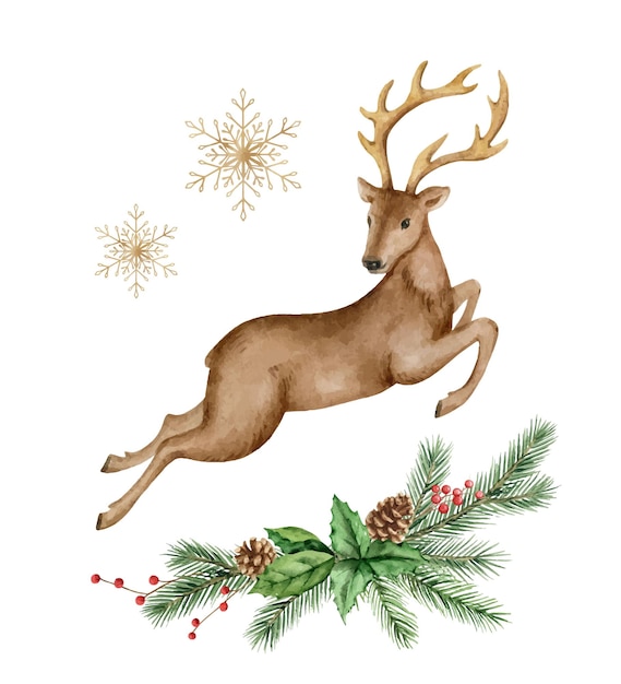 Christmas vector watercolor wreath with a deer and fir branches