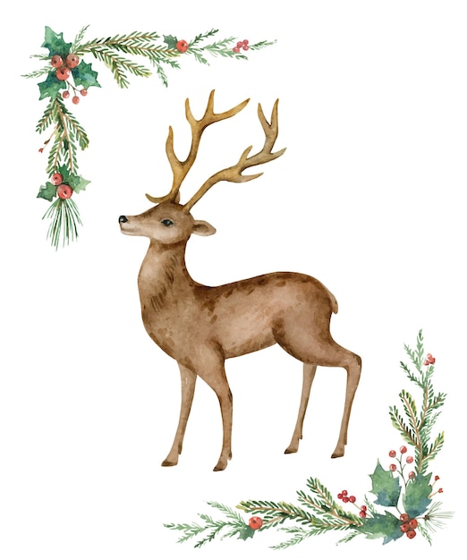 Christmas vector watercolor wreath with a deer and fir branches