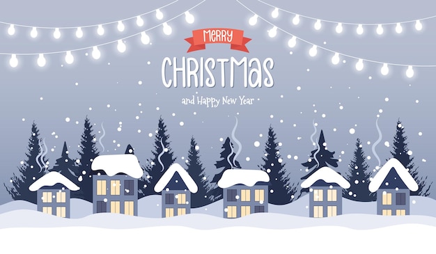 Christmas village landscape illustration with cute houses fir trees and garlands with lights