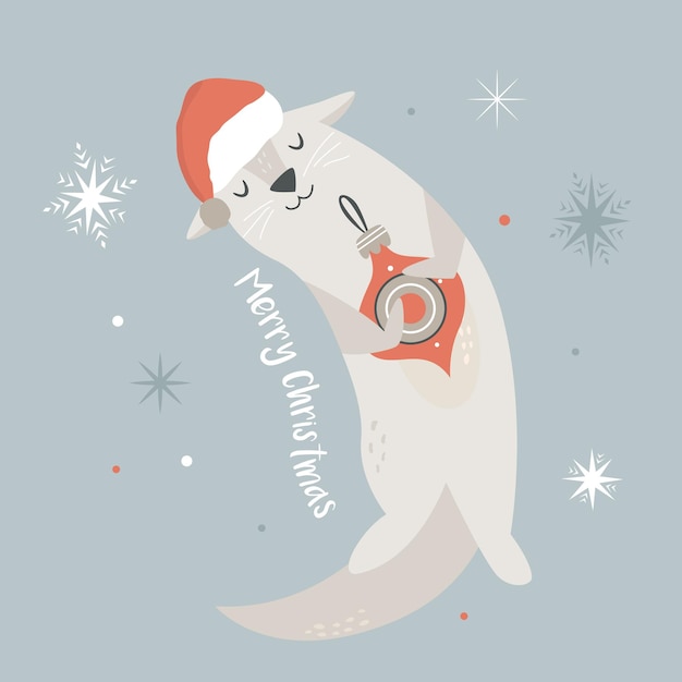 Christmas vintage card with cute holiday otter