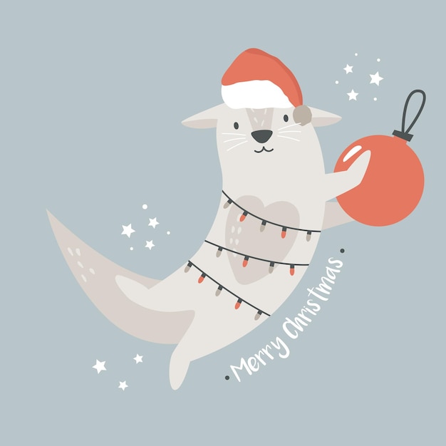 Christmas vintage card with cute holiday otter