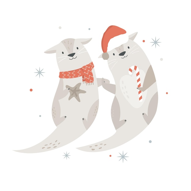 Christmas vintage card with cute holiday otters