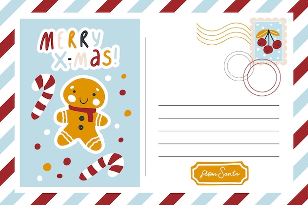 Christmas vintage postcard banner with gingerbread man Striped border place for text and mail stamp Lettering Funny character in a simple handdrawn childish style Vector illustration