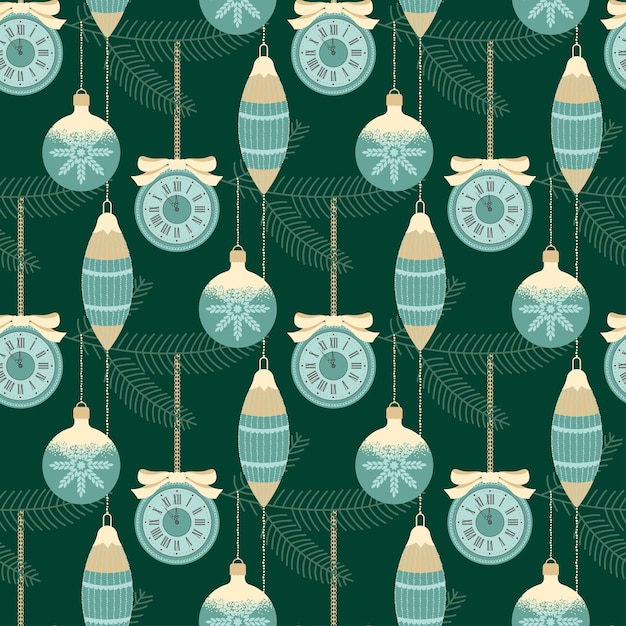 Christmas Vintage seamless pattern with glass balls clock on a spruce twig Vector illustration in flat retro style