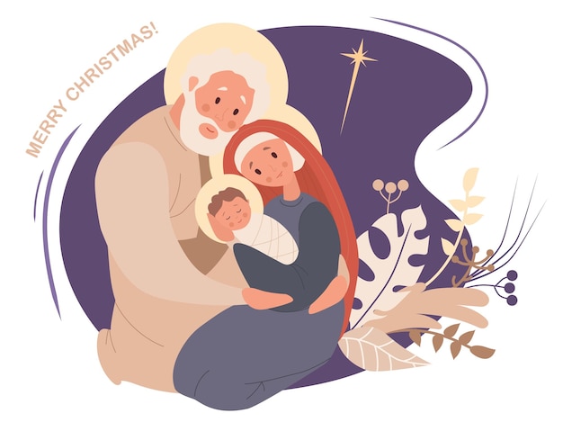 Christmas. Virgin Mary, Joseph and baby Jesus Christ birth of Savior Holy Family and star Bethlehem