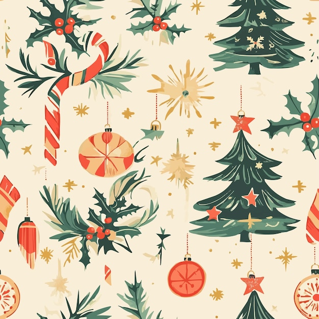 Christmas wallpaper pattern with ornaments trees and candy canes