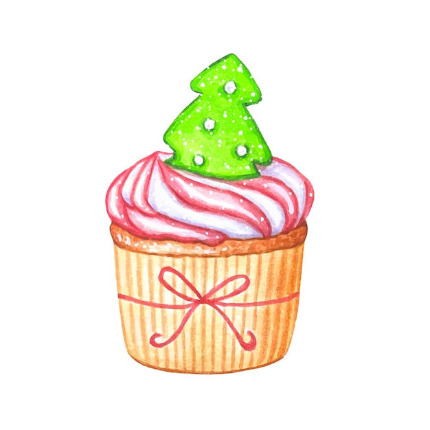 Christmas watercolor cupcake with pink cream