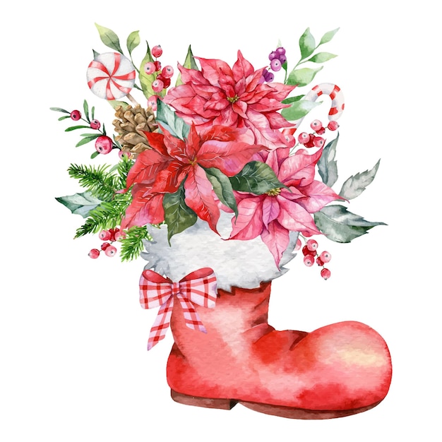 Christmas Watercolor Illustration,red Santa's socks,floral composition, winter greenery, poinsettia