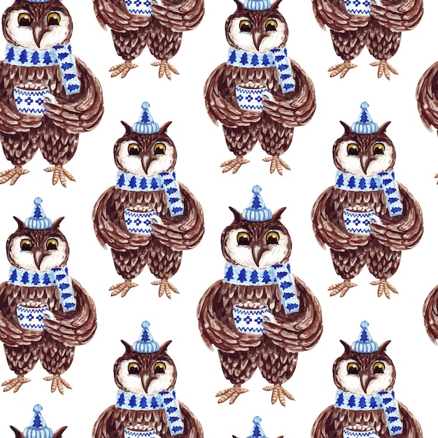 Christmas watercolor seamless pattern. Cute owl background.