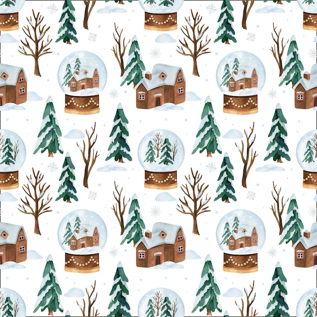 Christmas watercolor vector seamless pattern with snow globe